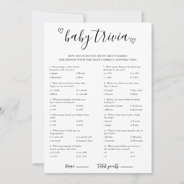 Invitation Baby Trivia Baby shower Game Card (Devant)