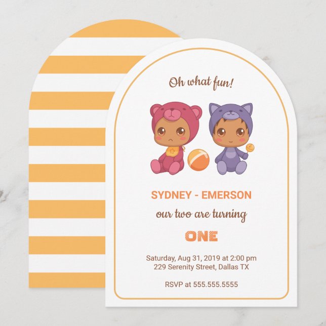 Invitation Baby Twins Premier Anniversaire Chat Bear Jumpsuit (Devant / Derrière)
