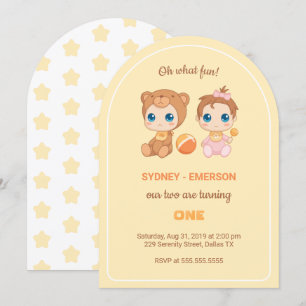 Invitation Baby Twins Premier anniversaire fille ours Jaune