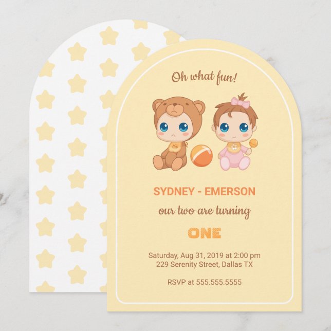 Invitation Baby Twins Premier anniversaire fille ours Jaune (Devant / Derrière)