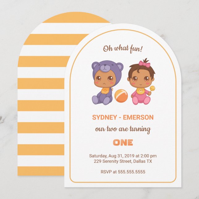 Invitation Baby Twins Premier anniversaire fille ours Jumpsui (Devant / Derrière)