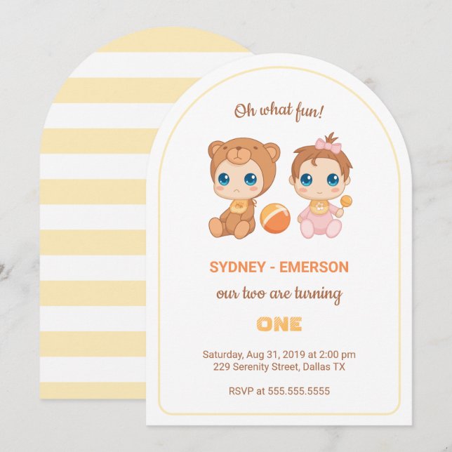 Invitation Baby Twins Premier Anniversaire Fille Ours Jumpsui (Devant / Derrière)