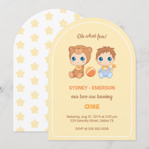Invitation Baby Twins Premier anniversaire Garçon Ours Jaune