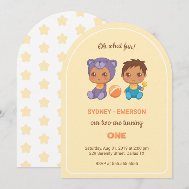 Invitation Baby Twins Premier anniversaire Garçon pourpre Our (Devant / Derrière)