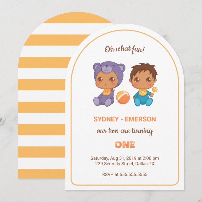 Invitation Baby Twins Premier anniversaire Garçon Violet Ours (Devant / Derrière)