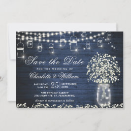 Invitation Baby's Breath Mason Jar Mariage Rustique Bleu Bois
