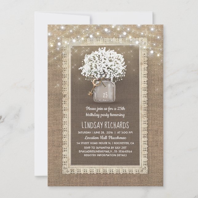 Invitation Baby's Breath Mason Jar Rustic Lace Anniversaire (Devant)