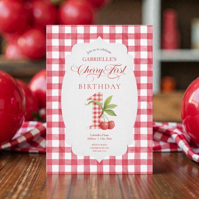 Invitation Baby's Cherry First Red Gingham Birthday (Créateur téléchargé)