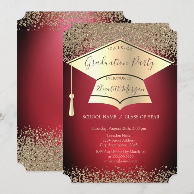 Invitation Bac de diplôme, Diamants d'or noir rouge Graduatio (Devant / Derrière)