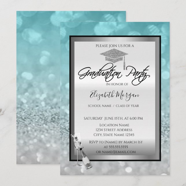 Invitation Bac de diplôme, Verre à vin Bokeh Silver Graduatio (Devant / Derrière)