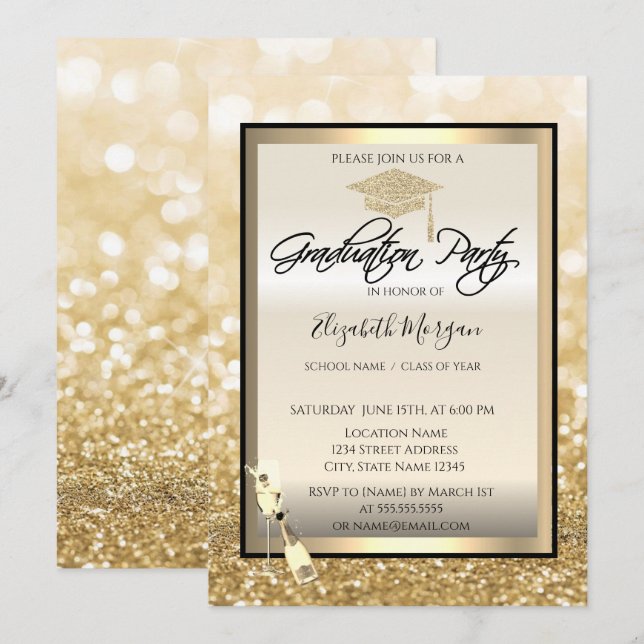 Invitation Bac de diplôme, Verre à vin or Bokeh Graduation (Devant / Derrière)
