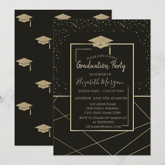 Invitation Bac de graduation d'or Géométrique Noir Graduation (Devant / Derrière)