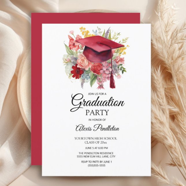 Invitation Bac de graduation rouge Pink Floral Graduation (Red graduation cap party invitation)