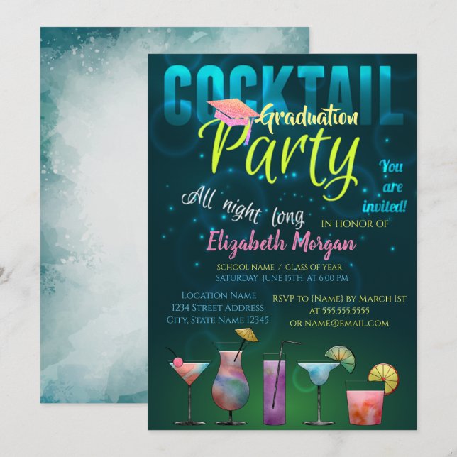 Invitation Bac de parties scintillant, Graduation Cocktail (Devant / Derrière)