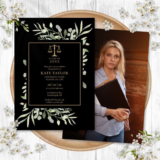 Invitation Baccalauréat en droit Photo Black and Gold Foliage (Law School Graduation Photo Black And Gold Foliage Invitation)