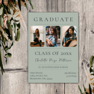 Invitation Baccalauréat simple en trois photos Sage Green