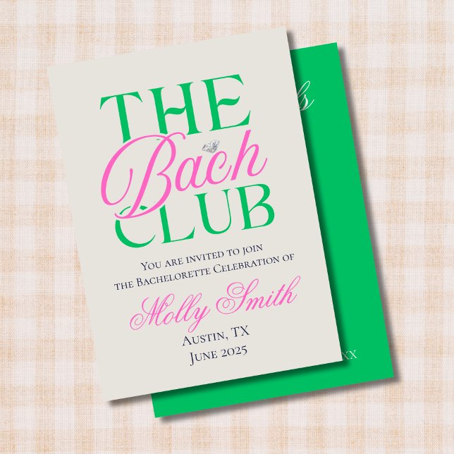 Invitation Bach Club Moderne Simple Rose Vert Bachelorette (The Bach Club invite with modern serif font – perfect for engagement or bridal celebrations!)