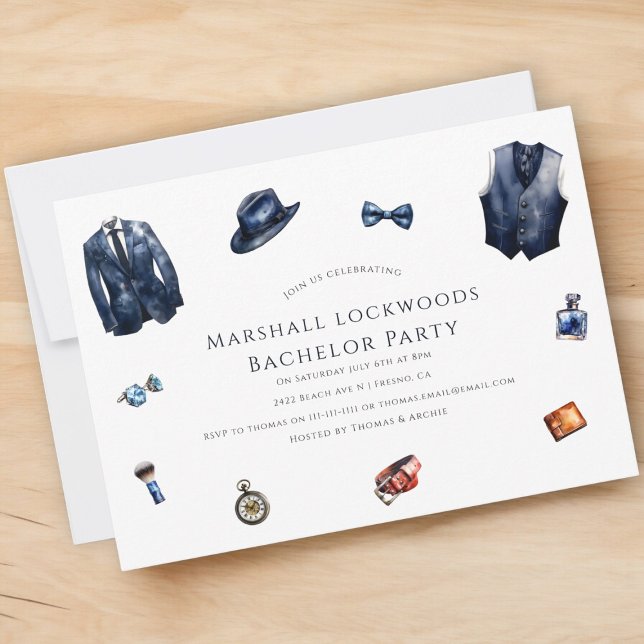 Invitation Bachelor moderne minimaliste et élégant (modern simple bachelor party invitation featuring gentlemans attire. )