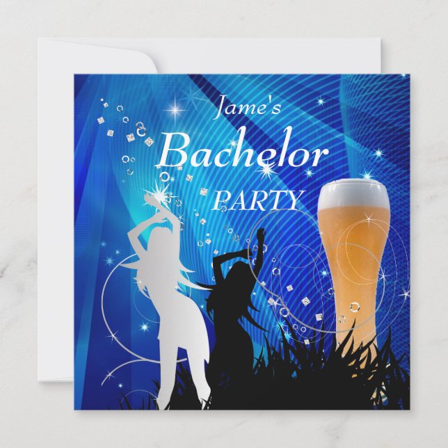 Invitation Bachelor Party Bleu Or Blanc Bière Verre Filles (Devant)