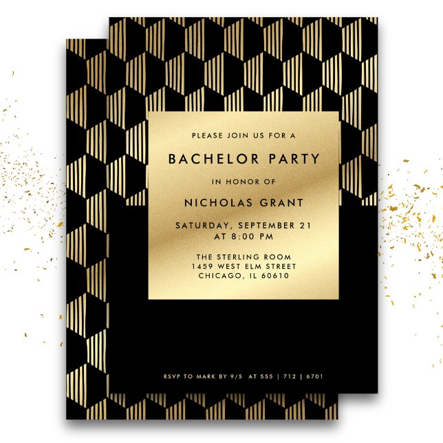 Invitation Bachelor Party moderne Black and Gold Foil (Créateur téléchargé)