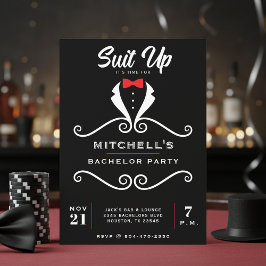 Invitation Bachelor Party Tuxedo Suit Bowtie Black & Red