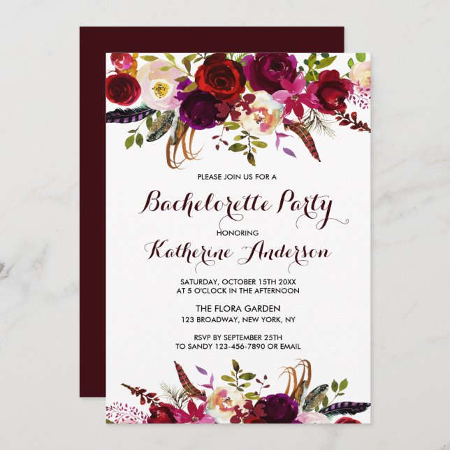 Invitation Bachelorée Florale de Marsala Boho de Bourgogne (Devant / Derrière)