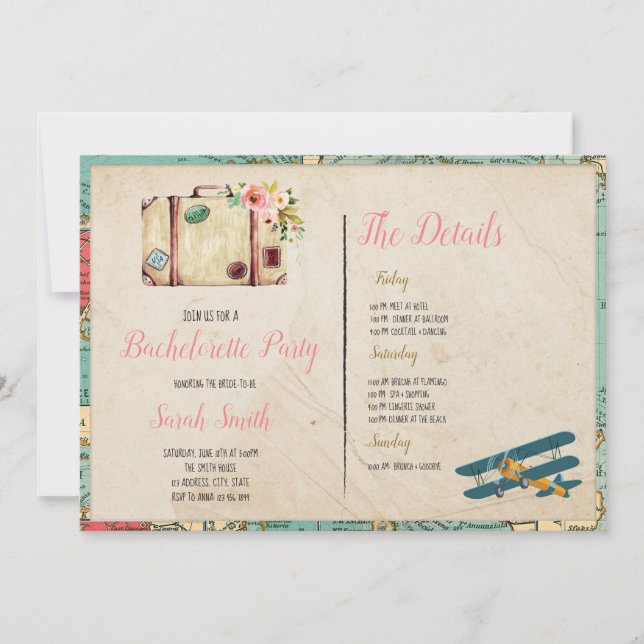 Invitation Bachelorette à thème voyage avec équipe de fête it (Devant)