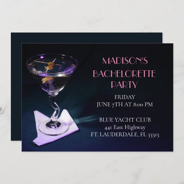 Invitation Bachelorette Bleue Martini (Devant / Derrière)