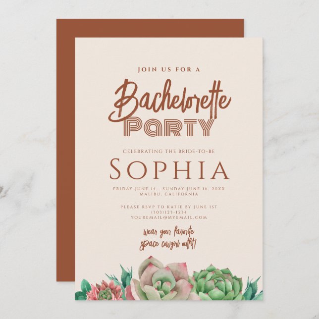 Invitation Bachelorette BOHO Cactus Terracotta Fall (Devant / Derrière)