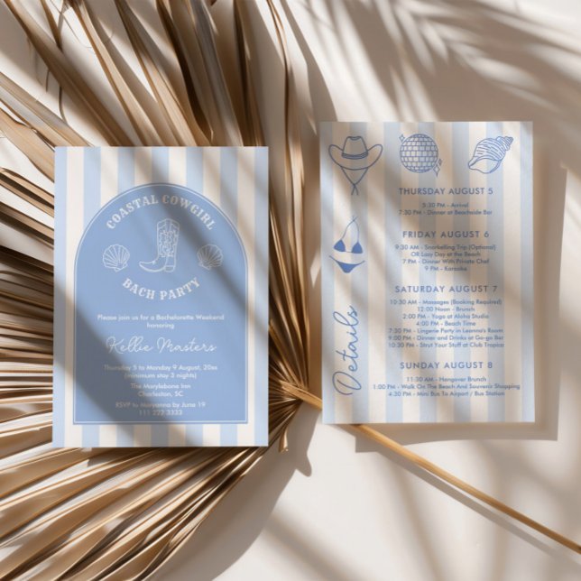 Invitation Bachelorette Coastal Dessin À La Main Fin De Semai (Modern and elegant Coastal Cowgirl bachelorette weekend party invitations with customizable colors)
