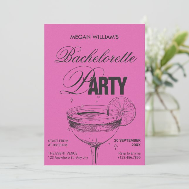 Invitation Bachelorette cocktail noir rose rétro (Debout devant)
