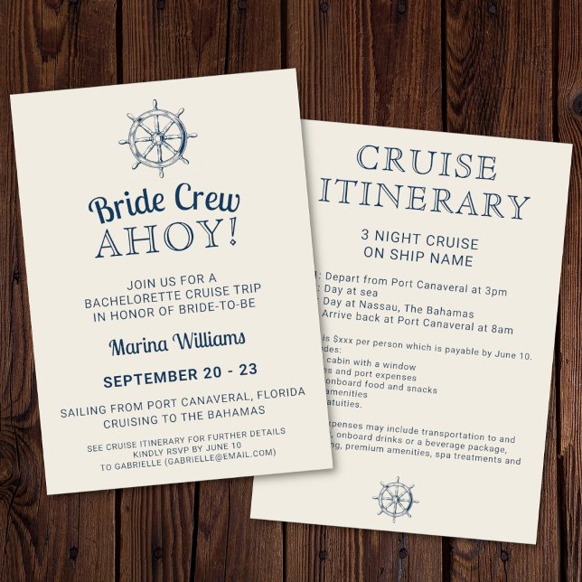Invitation Bachelorette Croisière Voyage Mariée Équipage Ahoy (Bride crew ahoy! Bachelorette cruise trip invitation on a dark wooden background. )