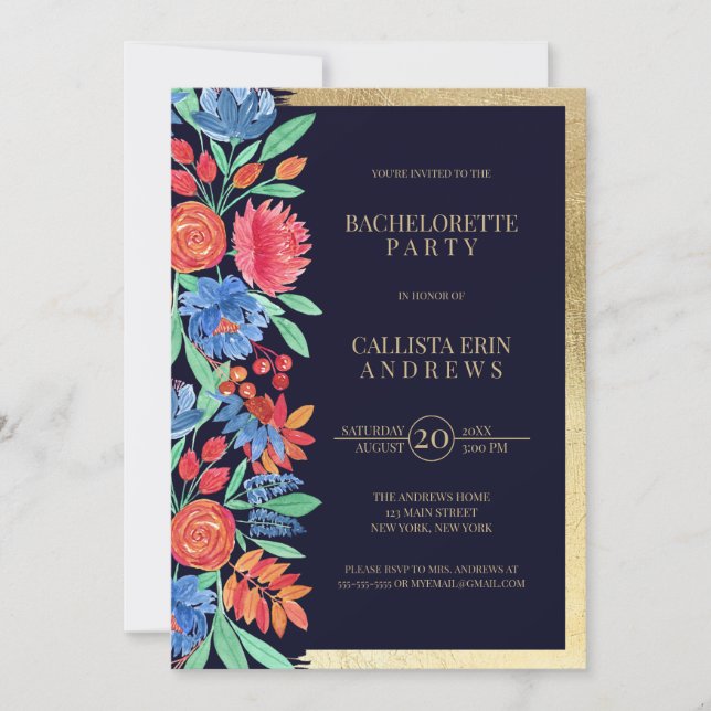 Invitation Bachelorette d'aquarelle Florale Bleu Coral (Devant)