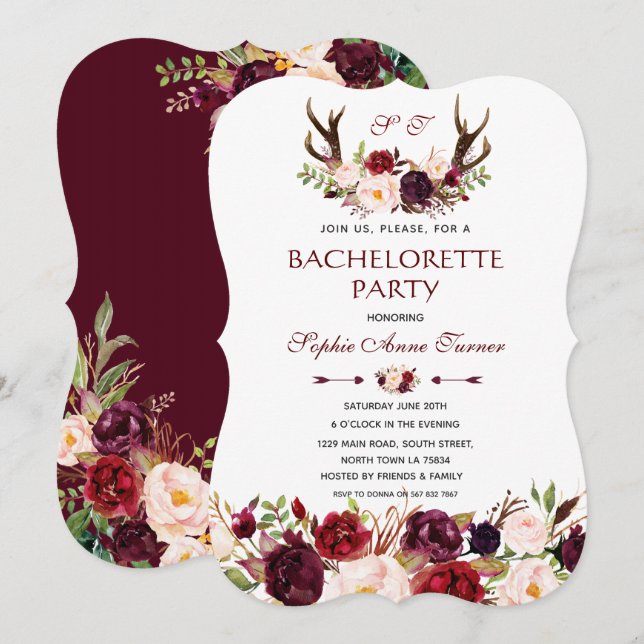 Invitation Bachelorette de Bourgogne Marsala Floral Antlers (Devant / Derrière)
