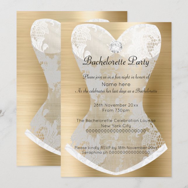 INVITATION BACHELORETTE DE LA COUCHE BLANCHE D'OR (Devant / Derrière)