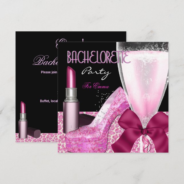 Invitation Bachelorette de la fête rouge Champagne rose (Devant / Derrière)