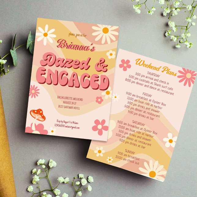 Invitation Bachelorette de marguerite super et fiancée (Dazed and engaged groovy retro boho daisy bachelorette weekend itinerary party invitation template )