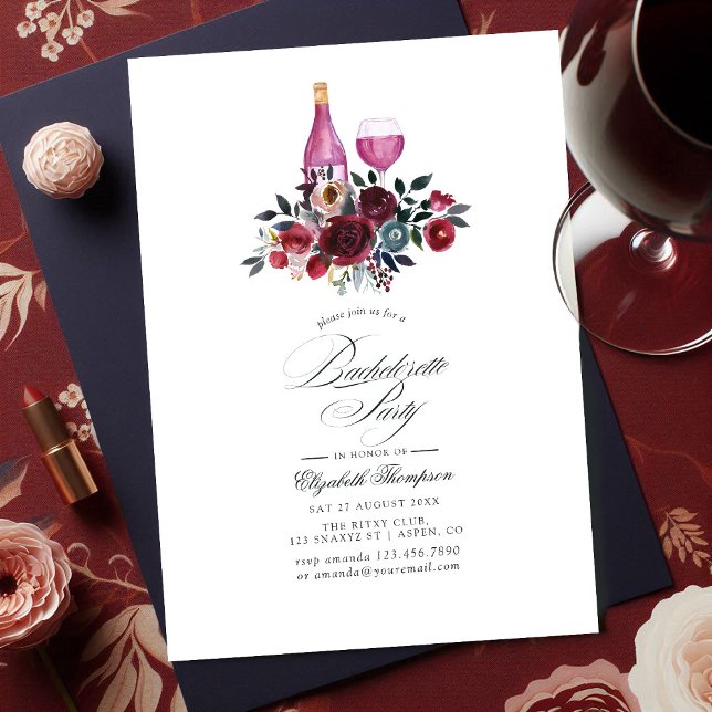 Invitation Bachelorette de vin de Bourgogne et Navy Floral (Burgundy and Navy Floral Wine Bachelorette Party Invitation)