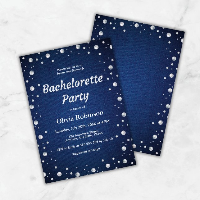 Invitation Bachelorette élégante Blue Denim et Diamonds (Elegant Blue Denim and Diamonds Bachelorette Party Invitation )