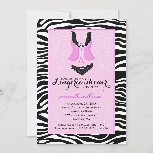 Invitation Bachelorette Fancy Purple Zebra Lingerie (Devant)