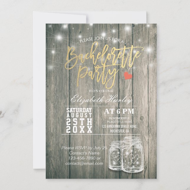 Invitation Bachelorette Fête des mariées Bois rustique Mason  (Devant)