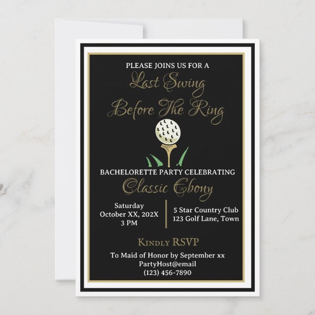 Invitation Bachelorette Fête des mariées Golf Black Gold (Devant)