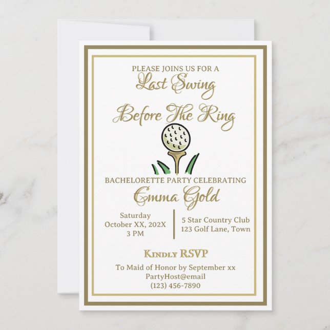 Invitation Bachelorette Fête des mariées Golf Gold & White (Devant)