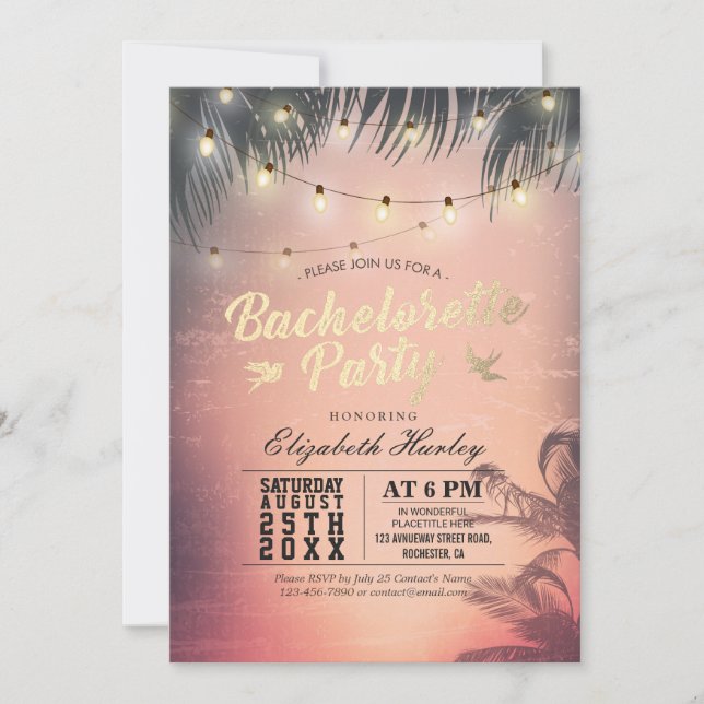 Invitation Bachelorette Fête Summer Beach Palm Trees Lumières (Devant)