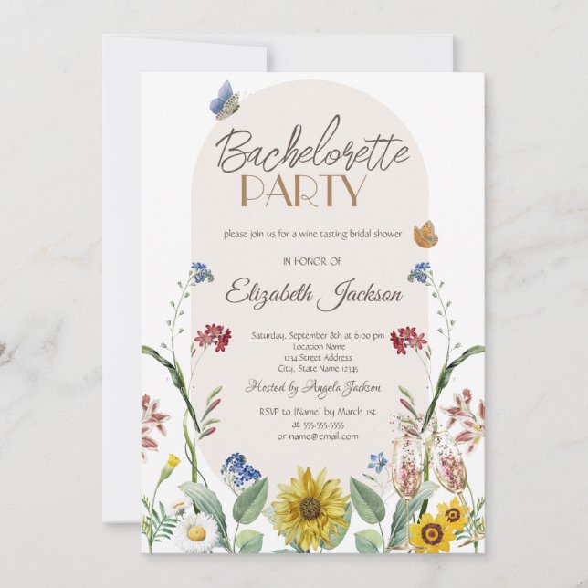 Invitation Bachelorette fleur sauvage de papillons tournesol (Devant)
