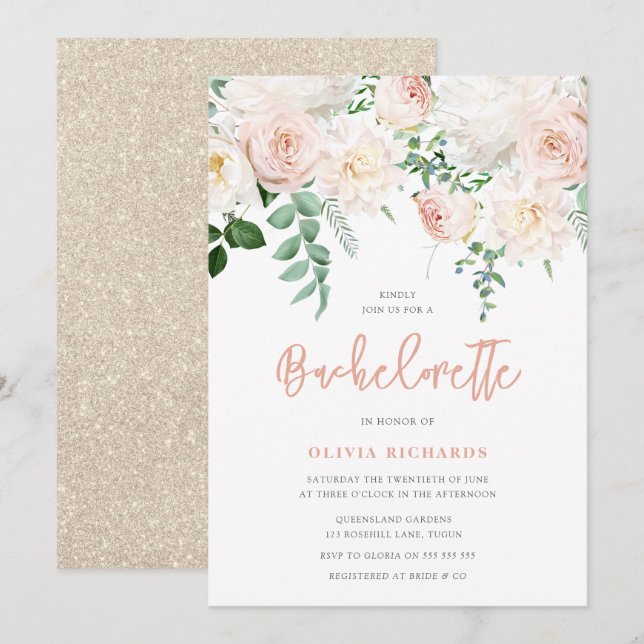 Invitation Bachelorette florale blanche et blanche magnifique (Devant / Derrière)