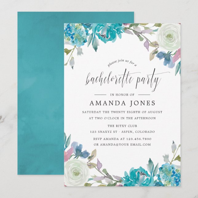 Invitation Bachelorette florale bleu et turquoise (Devant / Derrière)