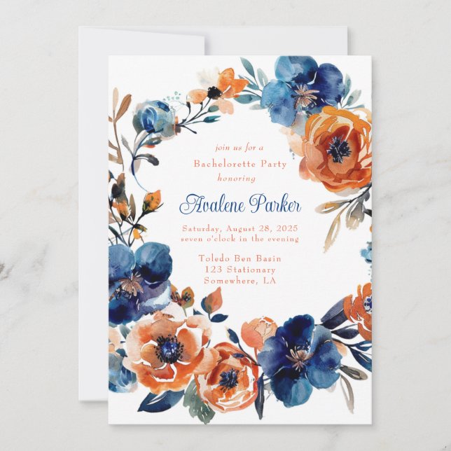 Invitation Bachelorette florale bleue et orange (Devant)