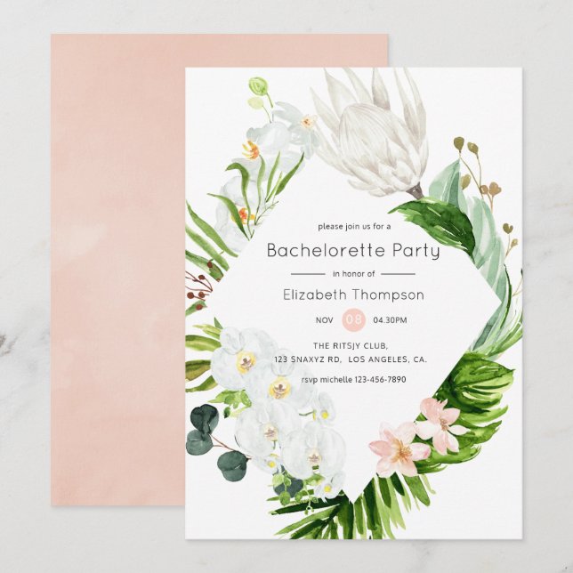 Invitation Bachelorette florale tropicale luxuriante (Devant / Derrière)
