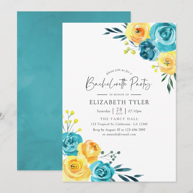 Invitation Bachelorette florale turquoise et jaune (Devant / Derrière)